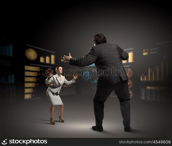 Business dispute. Image of businesspeople arguing and acting as sumo fighters