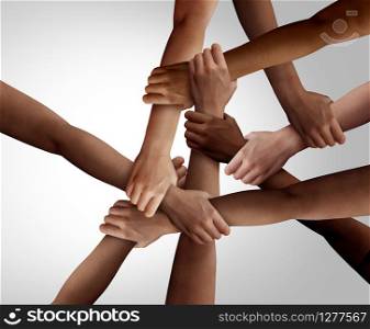 Business diversity and teamwork as a group of diverse people holding arms as a multiracial society and corporate multicultural community joined and united team building as a together and togetherness concept.