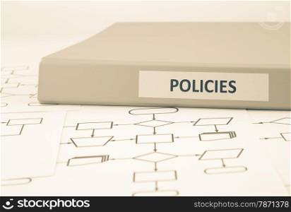 Business document binder with POLICIES word on label place on blank process procedure flow charts, sepia tone image