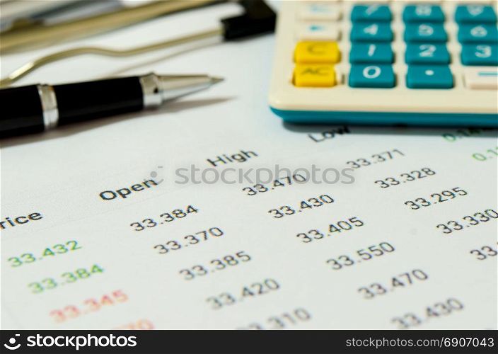 Business document Financial accounting and pen.