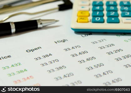 Business document Financial accounting and pen.