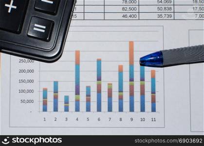 Business document financial graph and pen with diagram.
