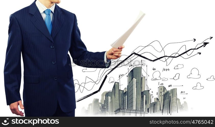 Business documentation. Close up of businessman with papers in hands