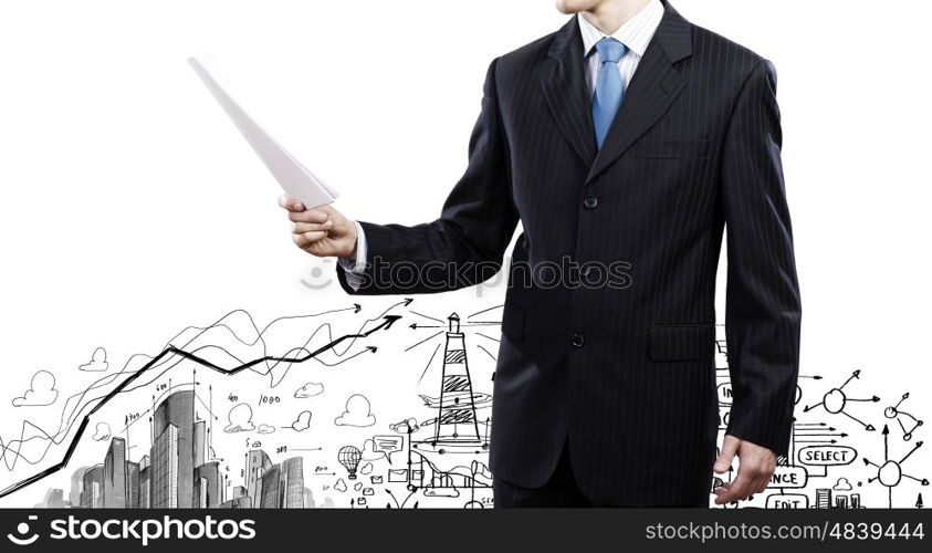 Business documentation. Close up of businessman with papers in hands