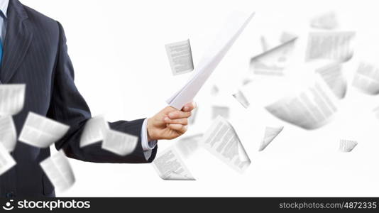 Business documentation. Close up of businessman with papers in hands