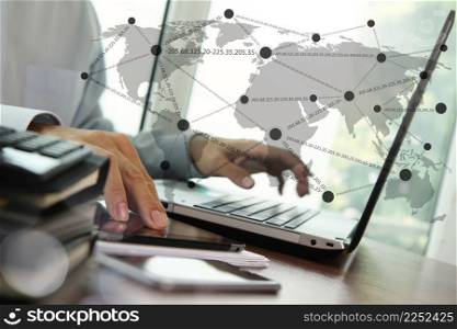 business documents on office table with digital tablet and man working with smart laptop computer background with social network diagram concept
