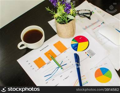 business documents with charts growth. workplace businessman