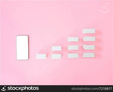 Business e-commerce or Marketing strategy concepts from smartphone with blank screen and product box on pink background. Top view