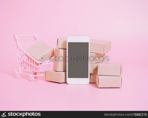 Business ecommerce and online shopping concepts from smartphone and product box order.