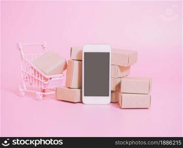Business ecommerce and online shopping concepts from smartphone and product box order.