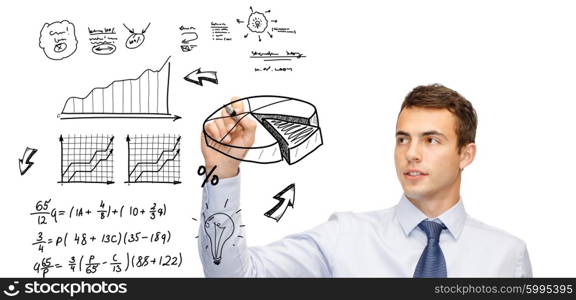 business, economics, finances and office concept - attractive buisnessman drawing plan on virtual screen