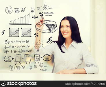 business, economics, finances and technology concept - smiling woman writing on virtual screen