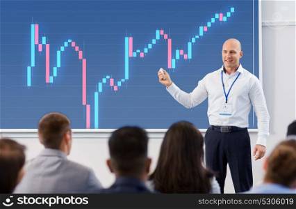 business, economy and people concept - smiling businessman or financier with forex chart on projection screen and group of students at conference presentation or lecture. group of people at business conference or lecture