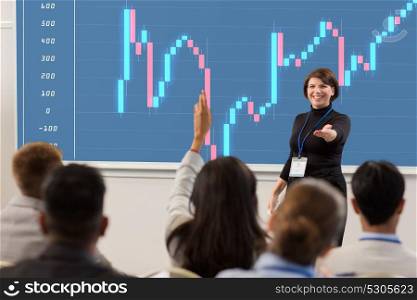 business, economy and people concept - smiling businesswoman or financier with forex chart on projection screen answering questions at conference presentation or lecture. group of people at business conference or lecture