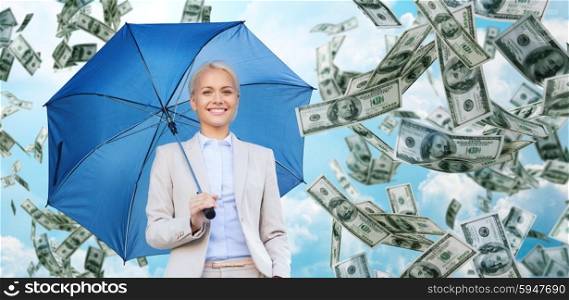 business, economy, finances and people and concept - happy young businesswoman with umbrella over blue sky and clouds background