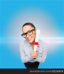 business, educatiom and office concept - smiling businesswoman in eyeglasses with diploma