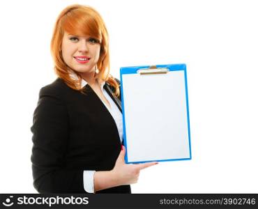 Business education and advertisement concept. Redhair woman holding blue clipboard with empty blank. Isolated on white background