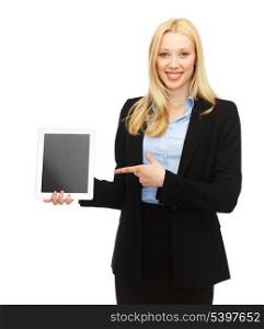 business , education and internet - smiling woman with tablet pc in office
