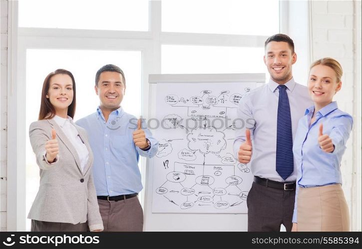 business, education and office concept - business team with flip board showing thumbs up in office