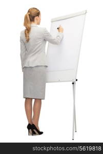 business, education and office concept - businesswoman or teacher with marker writing or drawing something imaginary on whiteboard from back