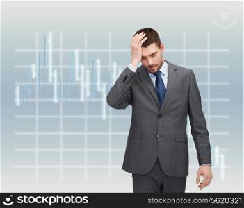 business, education and office concept - handsome businessman having headache over forex chart background over forex chart background