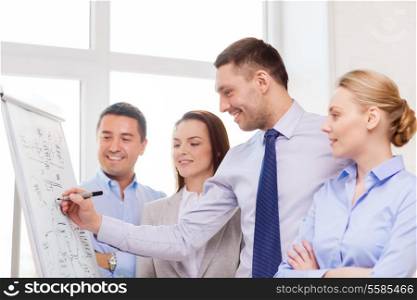 business, education and office concept - smiling business team with flip board in office discussing something