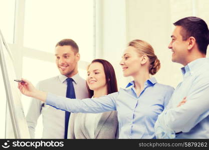 business, education and office concept - smiling business team with flip board in office discussing something