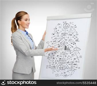 business, education and office concept - smiling businesswoman standing next to flip board and pointing hand at big plan