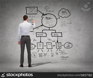 business, education and office people concept - businessman or teacher with marker writing or drawing scheme from back over concrete wall background