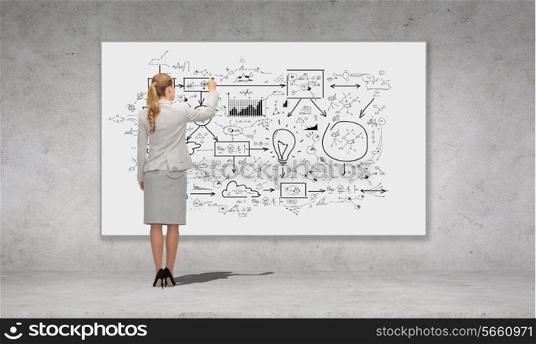 business, education and office people concept - businesswoman or teacher with marker writing or drawing scheme from back over concrete wall background