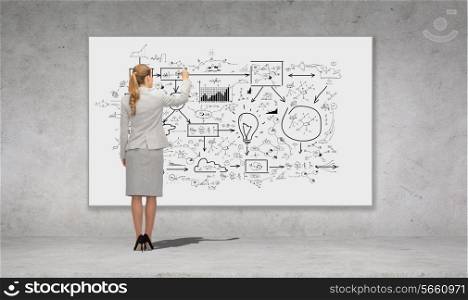 business, education and office people concept - businesswoman or teacher with marker writing or drawing scheme from back over concrete wall background