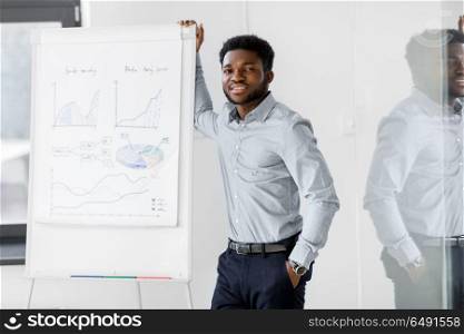 business, education and people concept - african american businessman with flip chart at office presentation. african businessman with flip chart at office. african businessman with flip chart at office