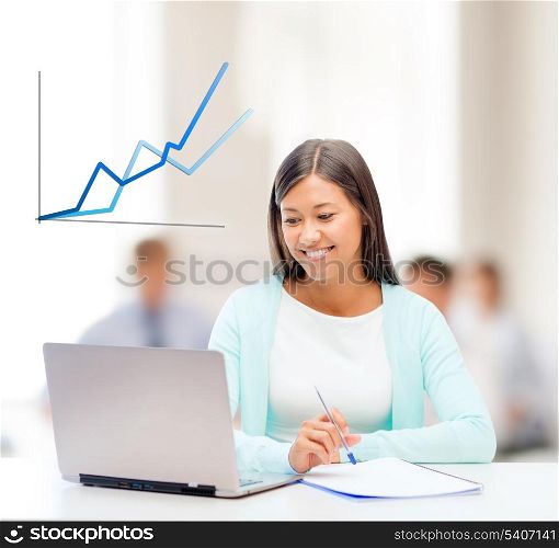 business, education and technology concept - asian businesswoman or student with laptop, documents and chart in office