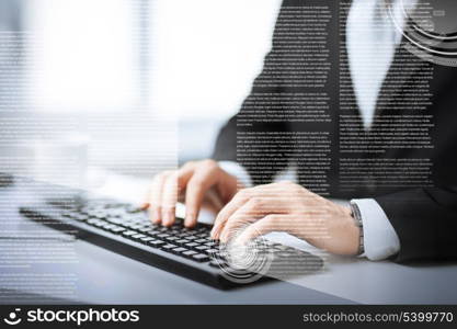 business, education and technology concept - man hands typing on keyboard