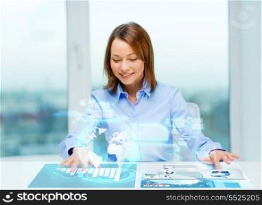 business, education and technology concept - smiling woman pointing to buttons on virtual screen