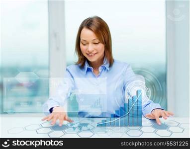 business, education and technology concept - smiling woman pointing to buttons on virtual screen