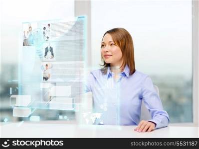 business, education and technology concept - smiling woman pointing to news on virtual screen