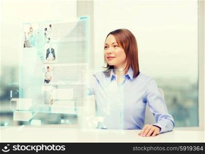 business, education and technology concept - smiling woman pointing to news on virtual screen