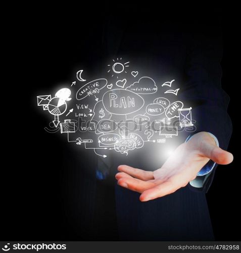 Business education. Businessman hand presenting business idea sketch on palm