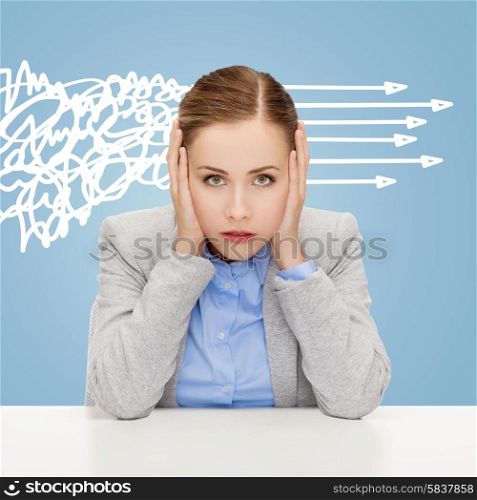 business, education, emotional pressure and people concept - stressed businesswoman or student covering her ears with hands over blue background with messy and straight arrows