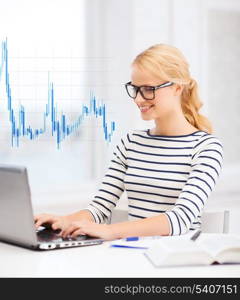 business, education, money and new technology concept - smiling student with laptop, book, computer, notebook, eyeglasses and forex chart