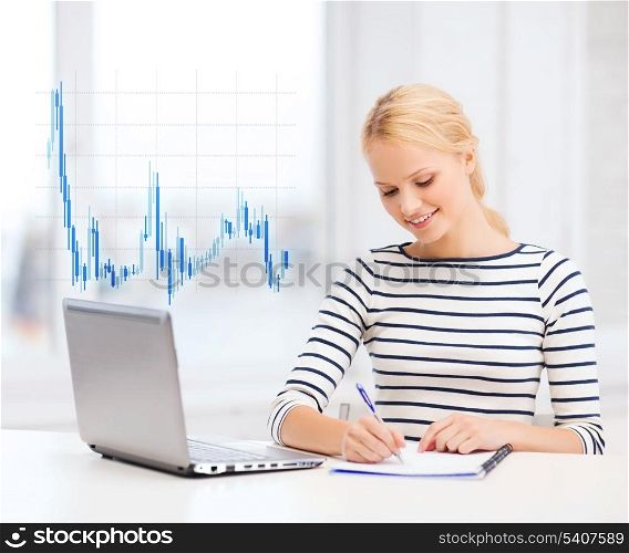 business, education, money and technology concept - smiling student with laptop computer, notebook and forex chart in college