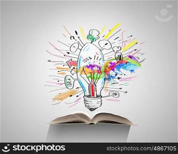 Business education. Old opened book with business sketches over white background
