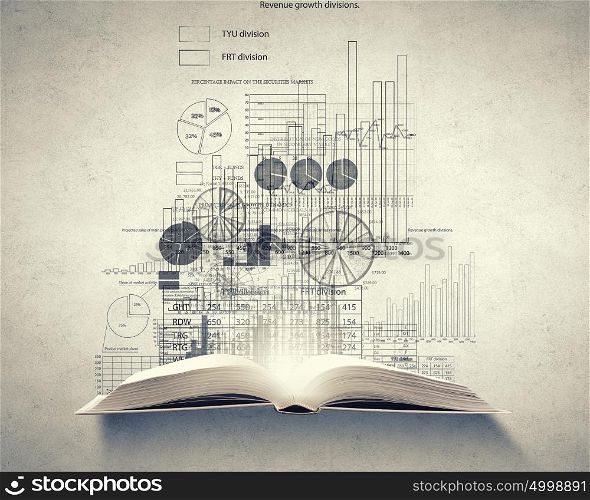 Business education. Old opened book with business sketches over white background