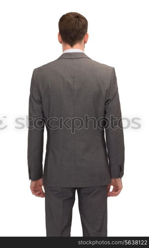 business, education, people and office concept - businessman or teacher in suit from back