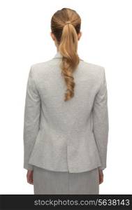 business, education, people and office concept - businesswoman or teacher in suit from back