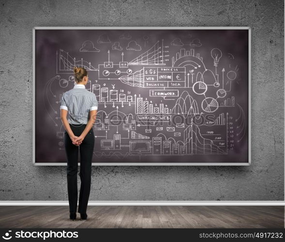 Business education. Rear view of businesswoman looking at chalkboard