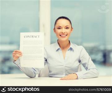 business, education, school, documents, people, legal and real estate concept - happy businesswoman holding contract in office