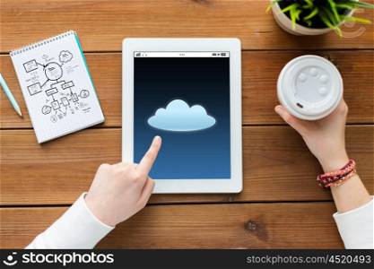 business, education, technology and people concept - close up of woman with cloud computing icon on tablet pc computer screen, notebook and coffee on wooden table