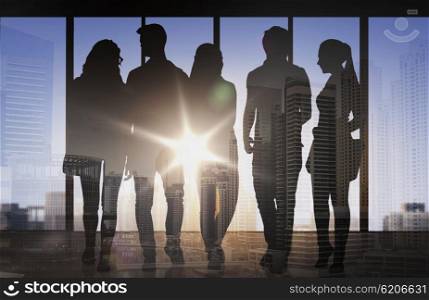 business, education, travel, tourism and people concept - people silhouettes over double exposure office or city airport background